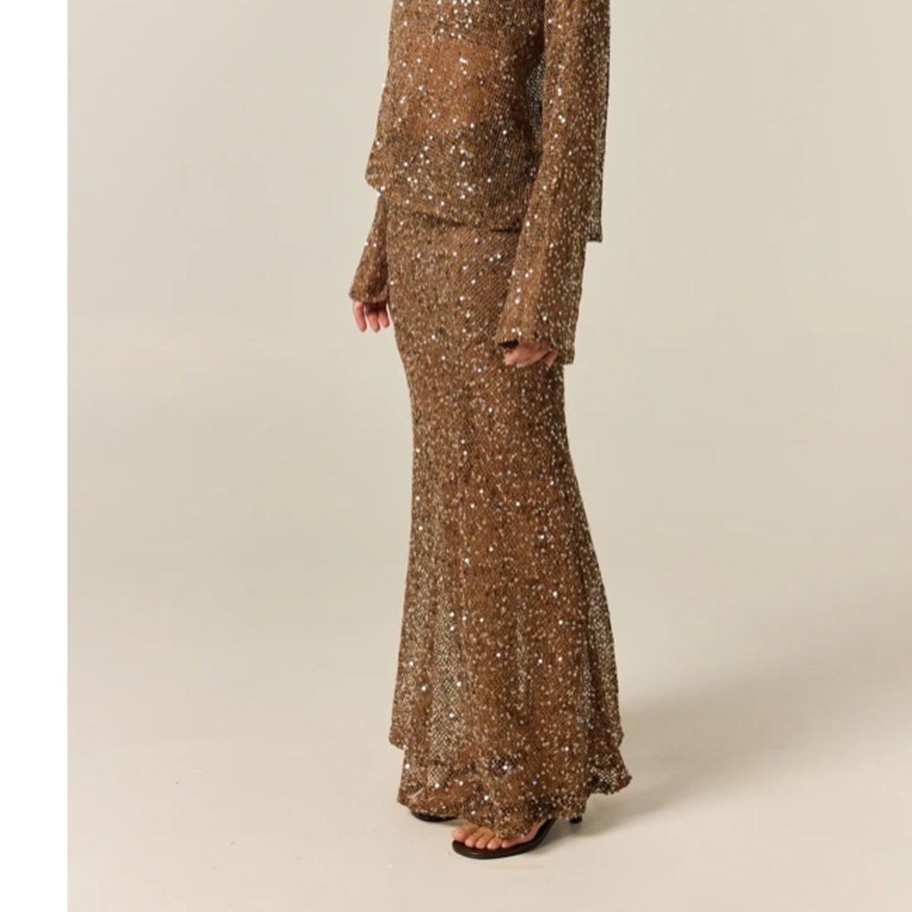 ELOQUI NWT Sequin-Embellished MOCHA TAN Maxi Skirt SIZE 14